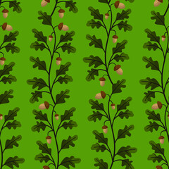 Vector seamless pattern with vertical oak twigs with acorns; for wrapping paper, greeting cards, posters, banners.