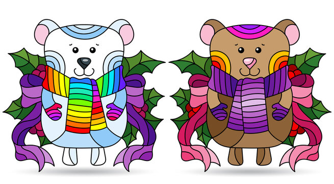Set of illustrations with stained glass elements, toy  bear and a polar bear with Holly branches, isolated on a white background