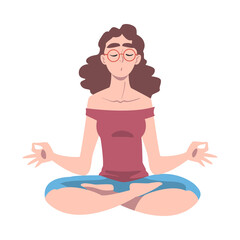 Obraz na płótnie Canvas Female with Closed Eyes and Crossed Legs Sitting in Lotus Position Practising Yoga Vector Illustration