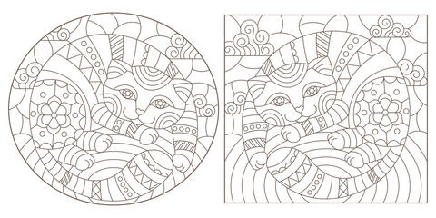1Set of outline illustrations in the style of stained glass with abstract cats , dark outlines on white background
