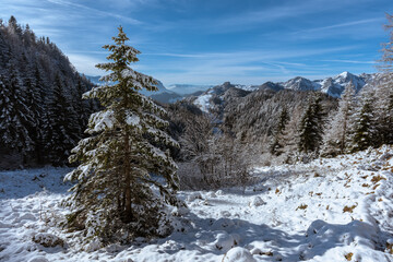 Berge bei Sonne und blauem Himmel im Schnee mit Bäumen und Wolken mit Spuren und Schatten