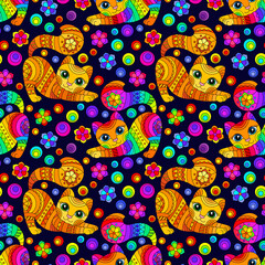 Naklejka premium Seamless pattern with bright cats and flowers in stained glass style on a dark background