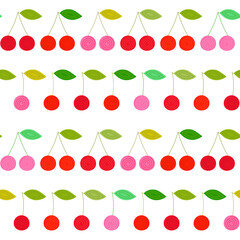 It is the seamless vector background with direct rows of cartoon stylized red and pink cherries decorated with spirals. It is the summer pattern with fruits, berries and leaves of drawn cherries.