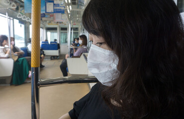 マスクをつける女性　電車内	
