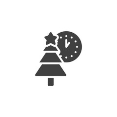 Christmas tree and clock vector icon. filled flat sign for mobile concept and web design. Xmas tree with star and clock glyph icon. Symbol, logo illustration. Vector graphics