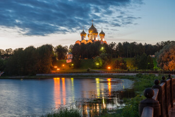 Night view of the Cathedral of the Assumption of the Blessed Virgin Mary from Strelka Park in the city of Yaroslavl, Russia