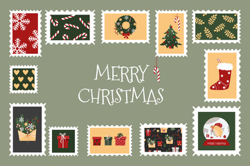 Christmas postage stamps with colorful pictures for envelopes. New Year stickers with a Christmas tree, gifts, snowflakes. Vector stock illustration.