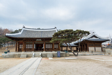 Wooden house with black tiles of Hwaseong Haenggung Palace loocated in Suwon South Korea, the largest one of where the king and royal family retreated to during a war 