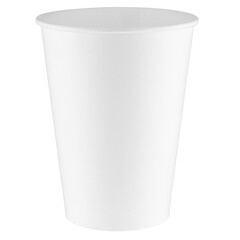 One empty disposable white plastic cup isolated on white background