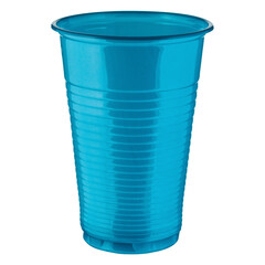 One empty disposable blue plastic cup isolated on white background