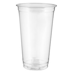 One empty disposable transparent plastic cup isolated on white background