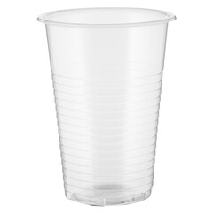 One empty disposable transparent plastic cup isolated on white background
