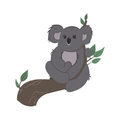 Vector children's colorful illustration of a koala on a branch in a cartoon hand drawn style for printing on children's clothing, interior design, packaging, stickers. Isolated on white