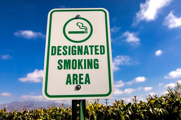 A sign designating a cigarette smoking area against a blue sky and cloud Background