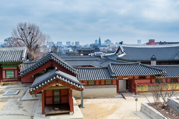  Wooden house and black tiles of Hwaseong Haenggung Palace in Suwon, Korea,  the largest one of where the king Jeongjo and royal family retreated to during a war