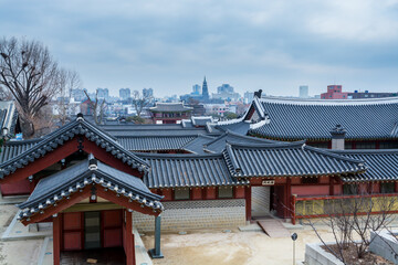  Wooden house and black tiles of Hwaseong Haenggung Palace in Suwon, Korea,  the largest one of where the king Jeongjo and royal family retreated to during a war