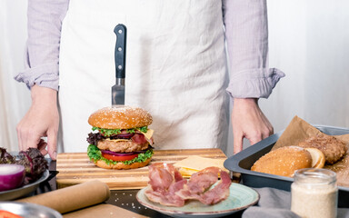 burger cheeseburger hamburger big chif cook cooking white background home