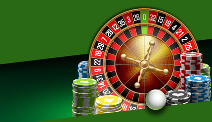 illustration Online Poker casino banner with american roulette on green surface table. Marketing Luxury Banner Jackpot Online Casino with classic roulette. Advertising poster with red ribbon for text.