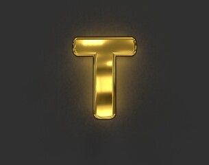 shiny golden metallic font - letter T isolated on dark grey background, 3D illustration of symbols