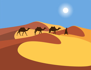 Lonely Arabic man with camels in the Sahara Desert