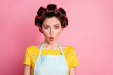 Portrait of astonished girl impressed wear retro outfit isolated over pastel color background