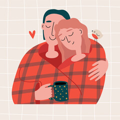 Hand-drawn vector illustration of couple in love hugging under a red plaid with a cup of tea isolated on beige background. Illustration in cartoon style. For greeting card and another print design.