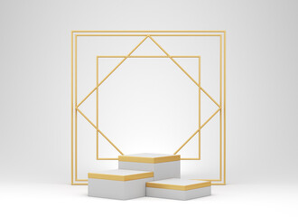 Gold square frame and three podium cubes. Empty stand with gold decor. Presentation stand on a white background. 3D rendering.