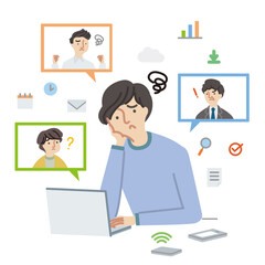 ビジネス：困りながらテレワークをするビジネスマン（主線なし）