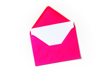 A greeting card in a pink envelope mockup, shot from above on a white background with copy space