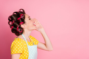 Profile side photo of positive girl hold hand lips mouth scream empty space isolated over pastel color background