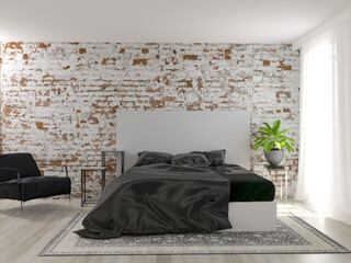 3d rendering of brick wall loft bedroom interior with armchair and plant