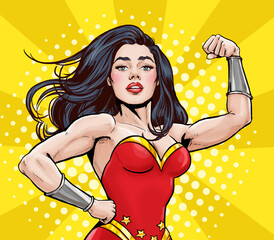 Pop Art super hero woman. Girl power advertising poster. Comic woman showing her biceps. We Can Do It.