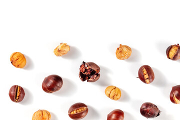 Chestnuts, shot from the top on a white background with a place for text