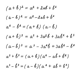 Short multiplication formulas. Solution scheme. Algebra background. Education, getting classes, school program Higher mathematic text. Handwritten.Isolated on white. Vector illustration