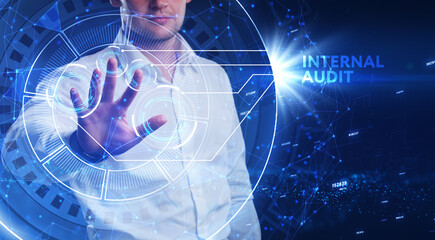 Business, Technology, Internet and network concept. Young businessman working on a virtual screen...