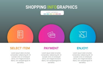 Concept of shopping process with 3 successive steps. Three colorful graphic elements. Timeline design for brochure, presentation, web site. Infographic design layout.