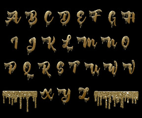 Gold alphabet with dripping sparkling drops. Gold glitter. Decorative letters.