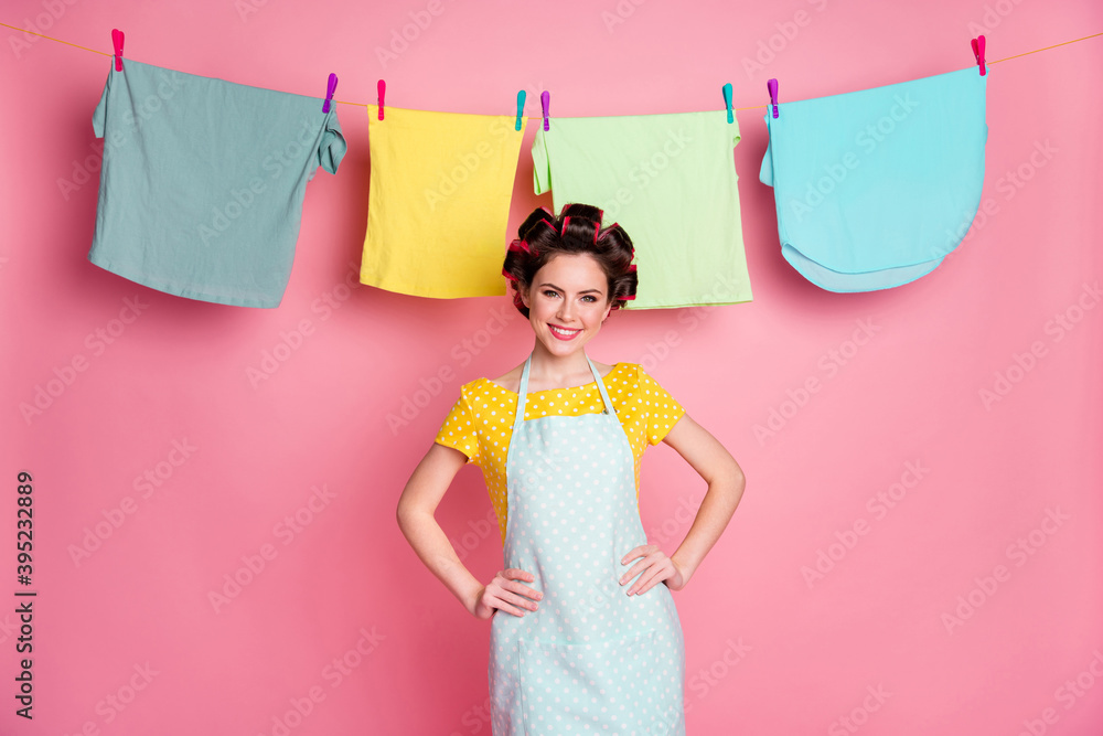 Poster portrait of lovely cheerful housemaid doing laundry comfort hands on hips isolated on pink pastel co