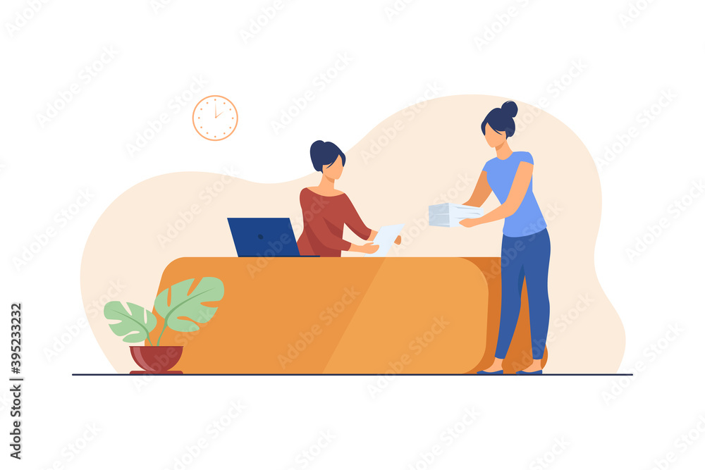 Wall mural office manager receiving documents from colleague. job, work, receptionist flat vector illustration.