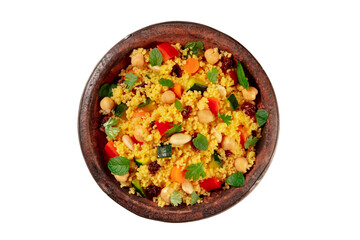 Couscous in a tagine, isolated on a white background with a clipping path