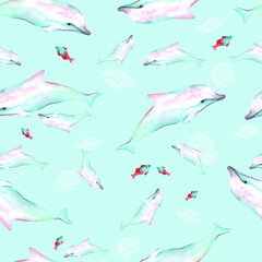 vector seamless illustration of the underwater world, on a light blue background white dolphins with little dolphins