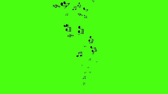 Animation flow black music notes on green background. Flying up musical symbols with Alpha channel. Music background with treble clef and notes. Template for music video clip or music compositions. 4K