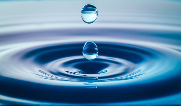 Dark blue water droplets splashed closely on the water surface. It creates a water wave and a perfect crown.