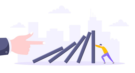 Domino effect or business resilience metaphor vector illustration. Adult young man pushing falling domino line business concept of problem solving.