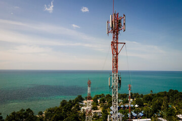 Aerial of a telecommunications tower on a tropical island in Thailand