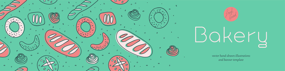 Cookery banner with hand-drawn vector illustrations. Cooking courses banner. Bakery trendy graphics with bread green pattern. Template background design of healthy food banner for culinary blog, cafe.
