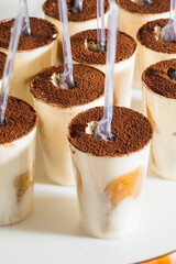 Thr portions of appetizing tiramisu at the party