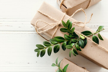 Modern Christmas wrapped presents with natural decor