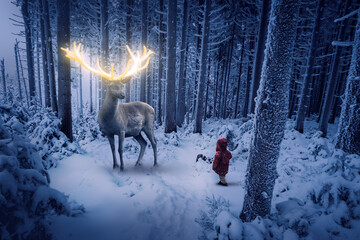 Der Hirsch mit dem goldenen Geweih steht in einer kalten Winternacht vor einem kleinen Kind mit...