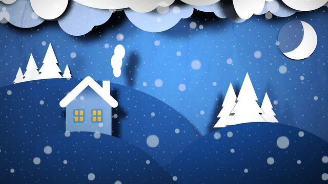 Winter papercut landscape. Motion graphics animation greeting card. Merry Christmas or happy new year animation with cabin, fir trees and moon. 4k UHD video render.